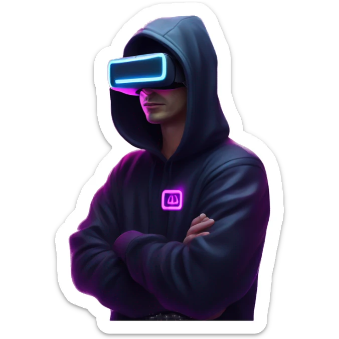 Russian man wearing a black hoodie with "OMG" letters on it and VR headset in a cyberpunk VR environment with violet neon lighting. sticker