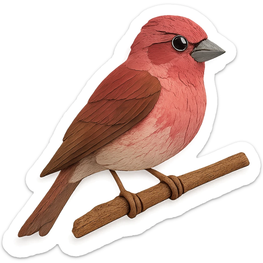 close-up of a purple finch perched on a tree branch, fine paper edges, expressive eye, raspberry-red and brown plumage sticker