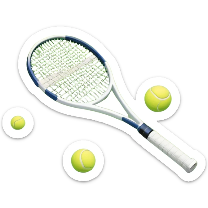 A tennis racket and ball placed on the grass court, with the lines of the court clearly visible in the background. The scene captures the essence of the sport, highlighting the equipment and the vibrant, open atmosphere of a tennis match sticker
