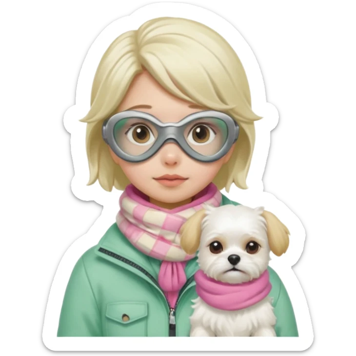 female character in cozy winter outfit, soft pastel green jacket, beige plaid scarf, snorkel mask with pink detailing, holding cute white Maltese dog, sad expression, bright and clear, Apple emoji style sticker