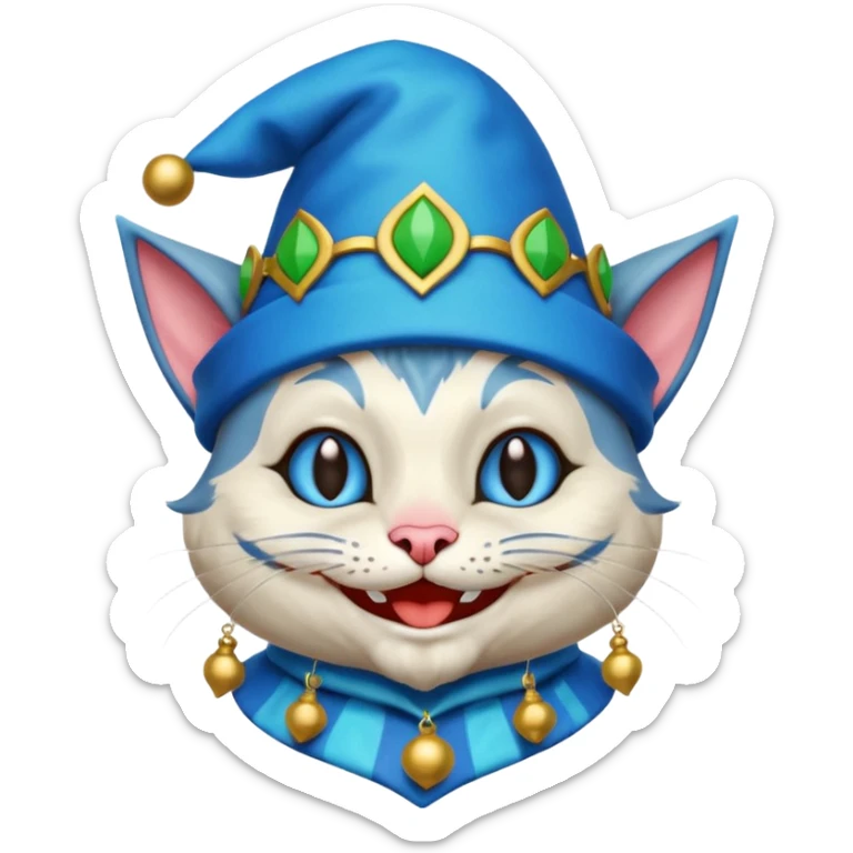 crazy colorful cute little cat jolly joker from poker, medieval, vintage, court jester, mac os icon, blue color sticker