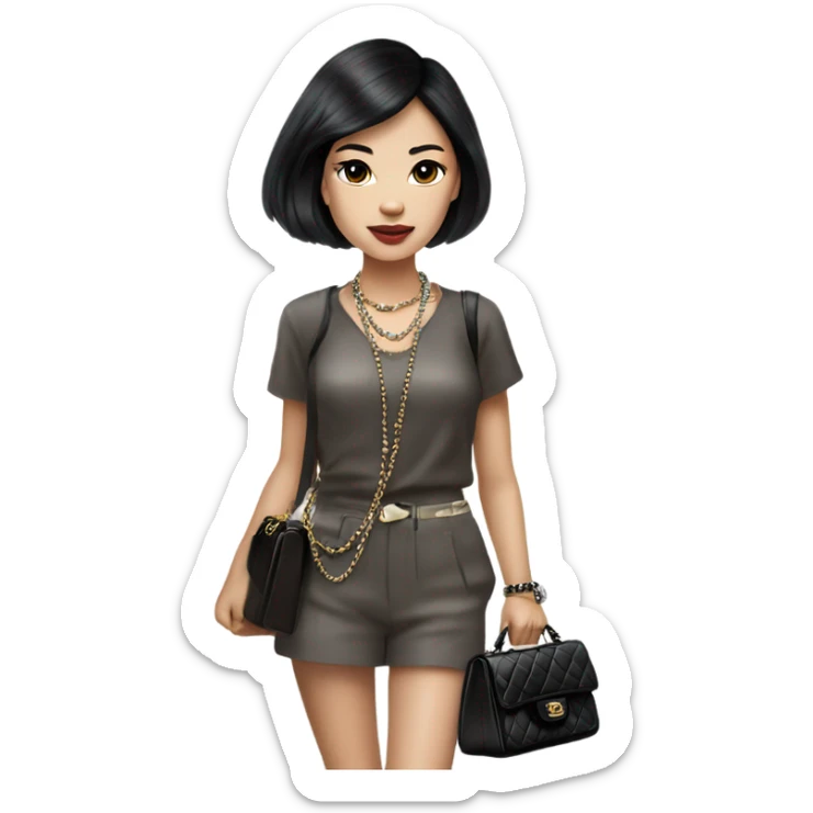 Realistic Dark hair Chanel Asian Girl with Birkin bag and Chanel necklace sticker