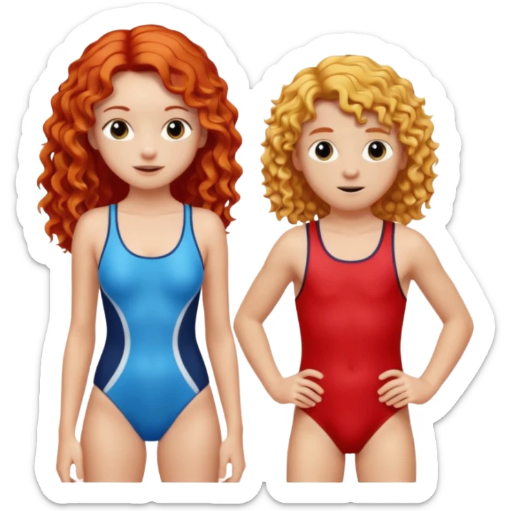 Long Straight Red hair Girl and curly blonde boy in swimsuit sticker
