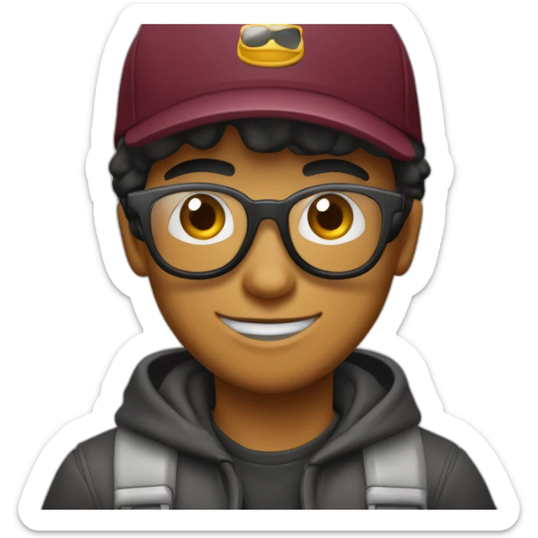 Chico joven con gorra hacia atrás negra lentes oscuros sacando la lengua buso vinotinto  sticker