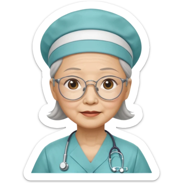 OLD ASIAN WOMAN WITH GLASSES, NURSE SCRUBS, CAP, NO HAIR SHOWING sticker