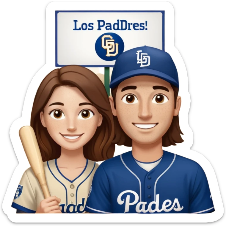 *White* couple smiling. Woman has big cheeks and a lot of freckles on the nose. long brown hair. Man has black and very short hair and prominent eyebrows with egipcian nose. Both are wearing “Los Padres” baseball jerseys and with a sign that says “Go Padres!” sticker