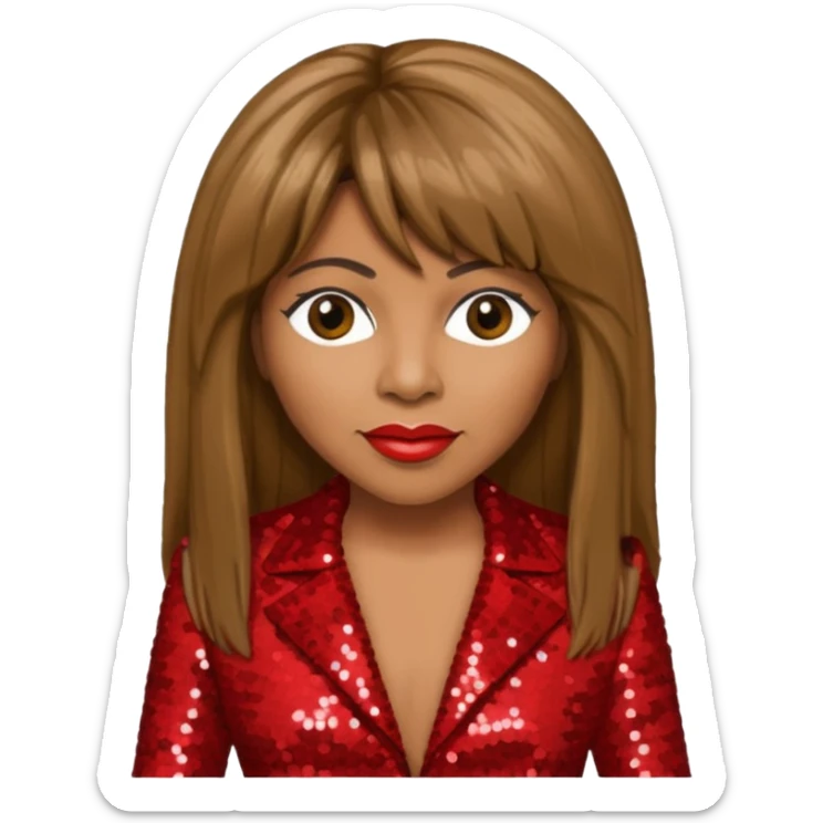 Tina Turner with long brown straight hair, red sequin outfit sticker