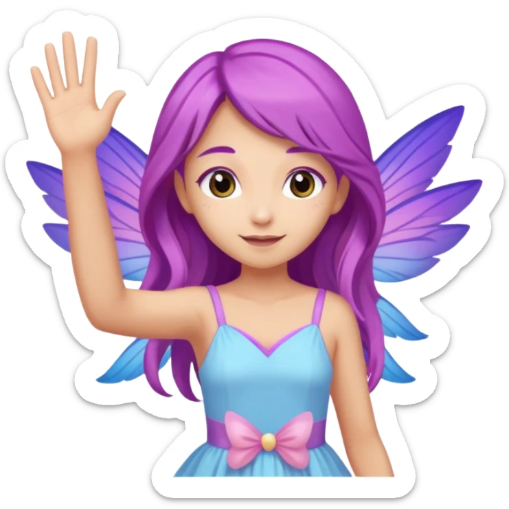 Tan fairy with long purple hair,  pastel pink blue and purple wings, wearing a, pastel pink dress, Waving with one hand sticker