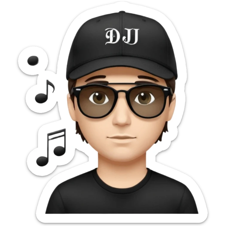 Emoji of a white man with short dark brown hair under a black baseball cap, wearing a black t‑shirt and 1980s‑style black Ray‑Ban rectangle sunglasses black lenses, with black musical notes floating around his head,  word "DJ DLG" written on the hat sticker