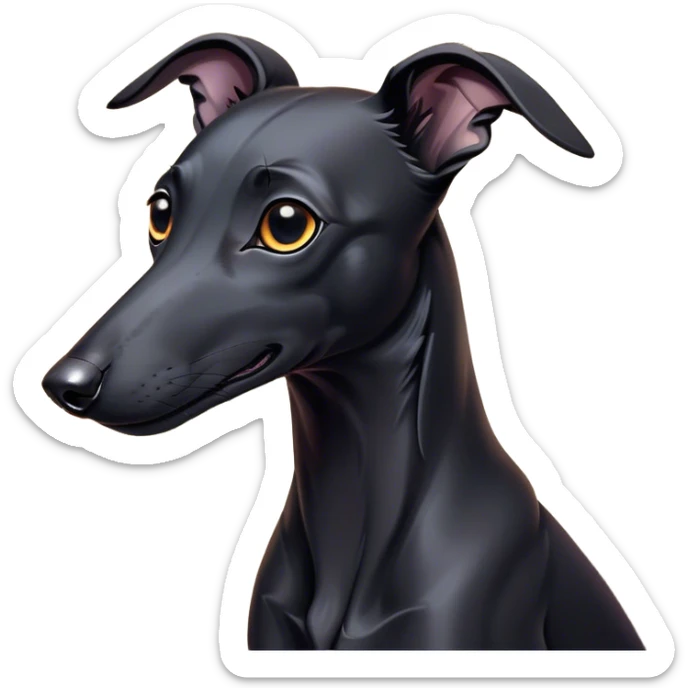 Cinematic Cute Black Greyhound Portrait Emoji, Head tilted playfully and inquisitively, featuring a smooth, shiny jet-black Fur and round, sparkling dark eyes filled with curiosity, Simplified yet irresistibly adorable features, highly detailed, glowing with a warm, friendly glow, high shine, affectionate and agile, stylized with a touch of whimsy, bright and endearing, soft glowing outline, capturing the essence of a mischievous yet loving racer, so playful it feels like it could dash out of the screen and into your arms! sticker