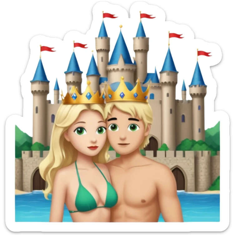 Blonde Queen with crownGreen eyes in Bikini kissing Male subject without crown black hair blue eyes Background Castle  sticker