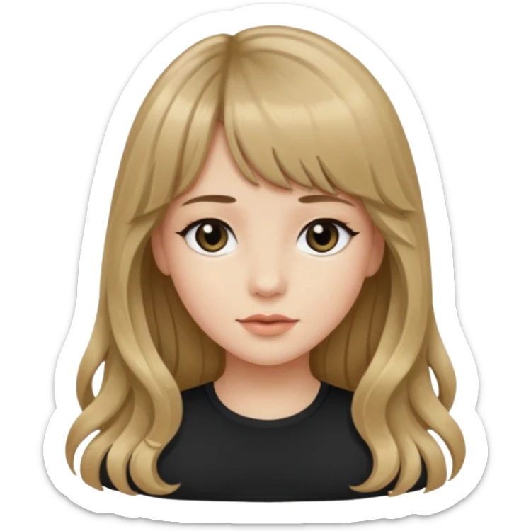Uma garota de cabelo ondulado loiro escuro,mas com franja lisa e olhos pretos, e a cor de pele branca,e o cabelo LONGO  sticker