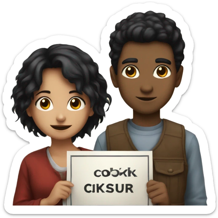 a girl with black hair  and a boy with black hair holding a banner saying cioksukur sticker