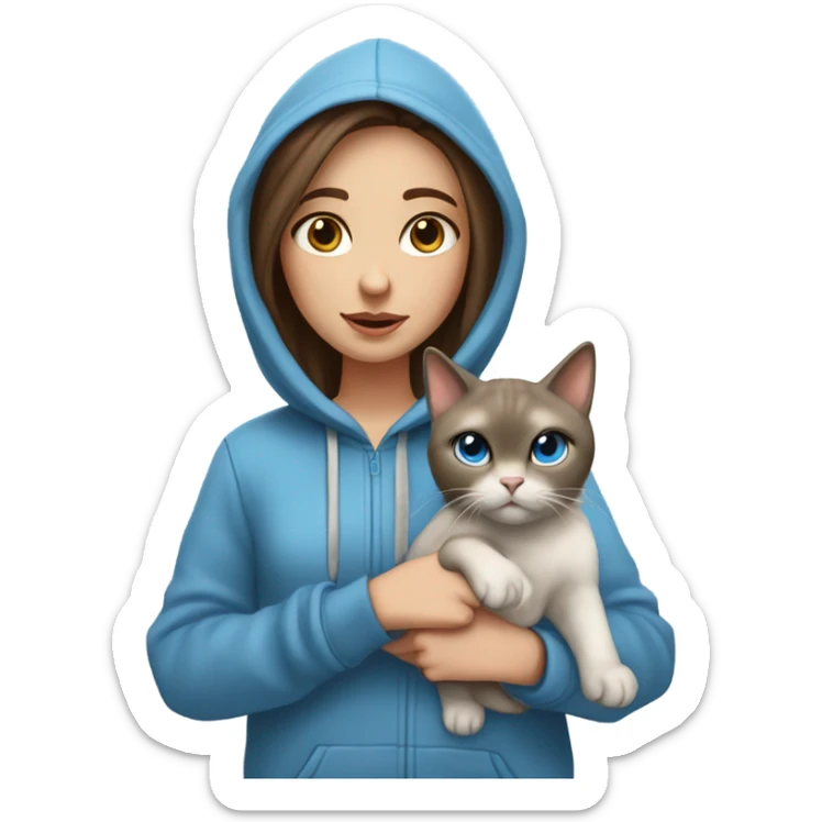 girl with brown hair, hazel eyes, and freckles, wearing a hoodie, holding a Siamese cat that is white and gray and the cat has blue eyes  sticker