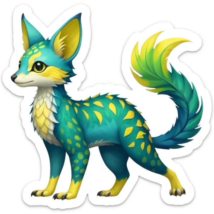 Feral Rare Fantasy vibrant tropical Vernid-Trico-species by LiLaiRa, random markings, tufted tail, tufted ears, full body sticker