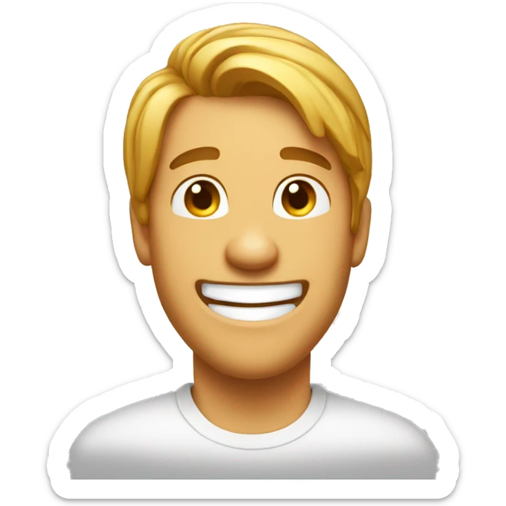 a man with a ponytail (the hairstyle) and a white t-shirt laughing. sticker