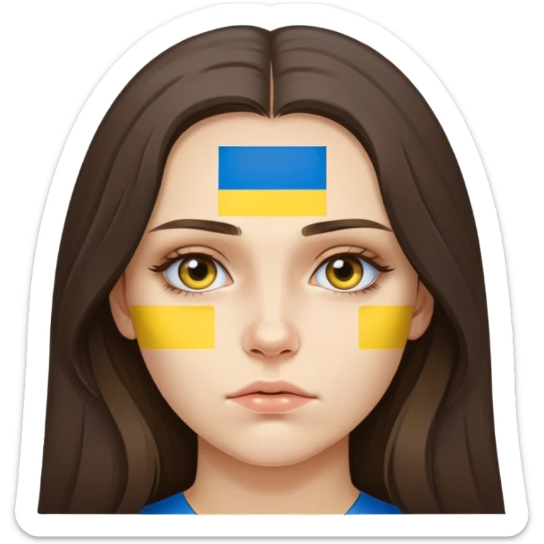 Brunette woman with long hair, Ukrainian flag (blue and yellow) painted on her cheek, sad expression sticker
