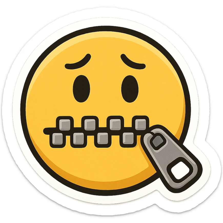 Crea una versione in stile cartoon sticker, ispirata a questa immagine: emoji gialla con occhi semplici e bocca chiusa da una cerniera. sticker