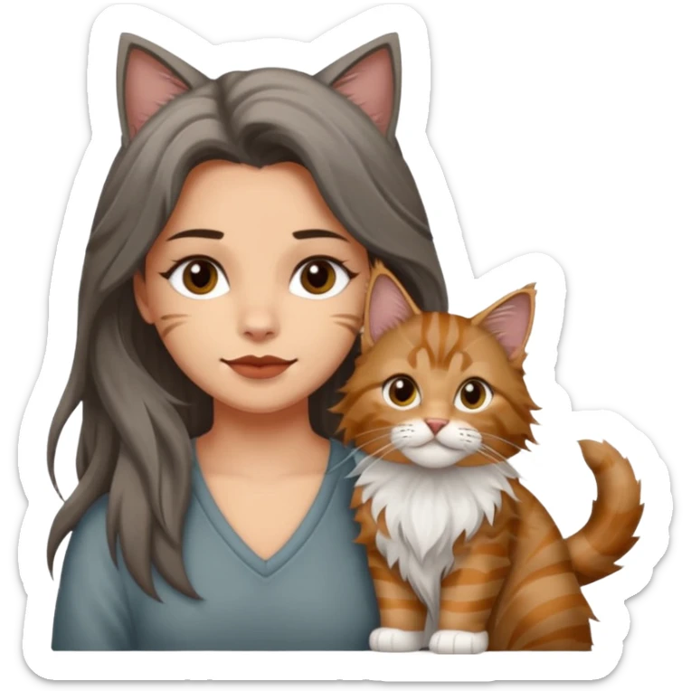 Emojis de una chica de pelo castaño largo sujetando un gatito gordo peludo mainecoon de colores gris negro y marrón  sticker