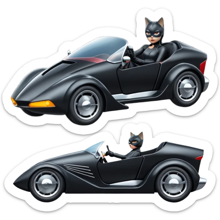 Hot rod comical Cat Woman’s stealth burglar sporty futuristic pursuit mobile two seater car (reclined seating position) sticker