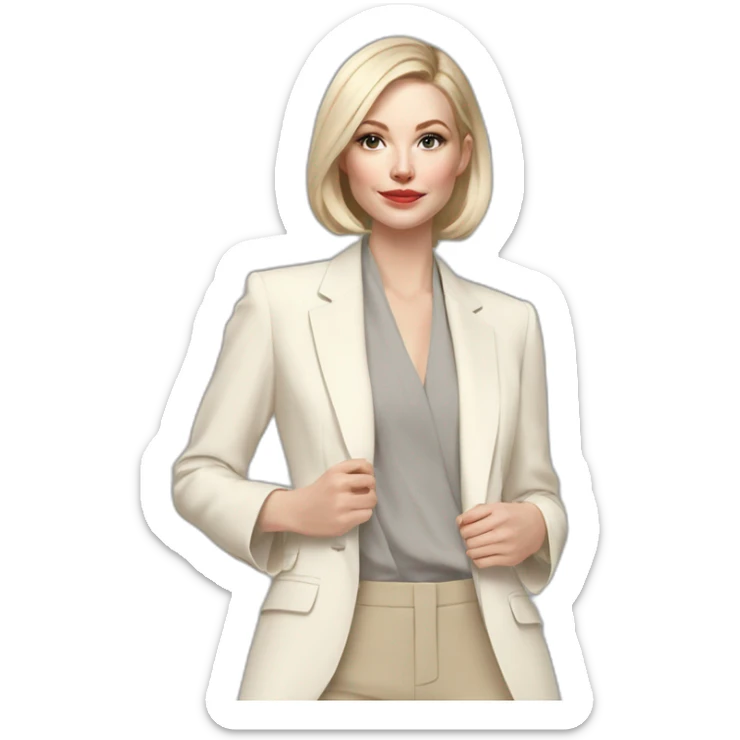 pale skin woman with ash blonde Straightened bob Hair, White Spacious classical jacket, beige palazzo Arrow pants and gray blouse holding a color palettes in the hands sticker
