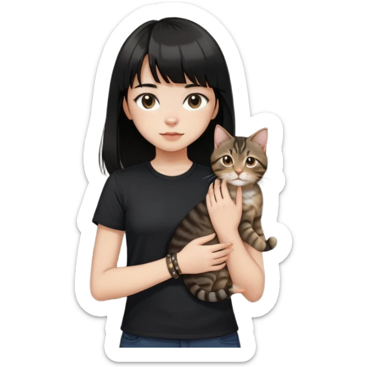A girl with black long hair and bangs, wearing a black short-sleeved shirt, a brown bracelet on her right wrist, white skin, holding a tabby cat, the cat is standing upright sticker