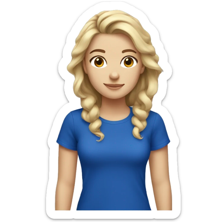 Blonde girl with brunette roots, light brown eyes, fair skin, wearing a royal blue tshirt sticker