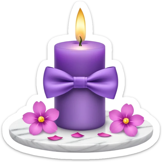 Purple candle on a white marble-candle-holder-stand, with flowers next to, and flower petals, and bow tie sticker