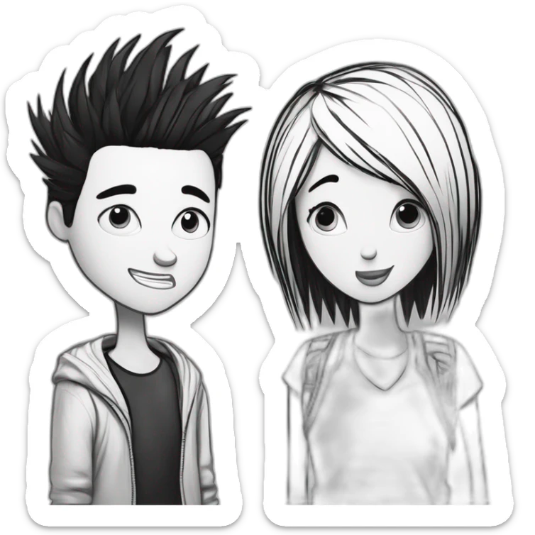 (a black and white dog) and a girl with black spiky hair looking at each other in style of ((sarah andersen)), black and white,sarah andersen,cartoon,drawn,sketch sticker