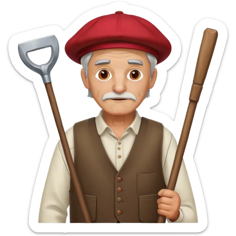 Catalan old peasant man with a catalan red cap, a white shirt, a brown waistcoat and carrying a hoe on the right shoulder sticker