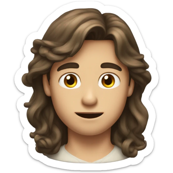 a brunette boy with long hair like repunzel with a fat nose sticker