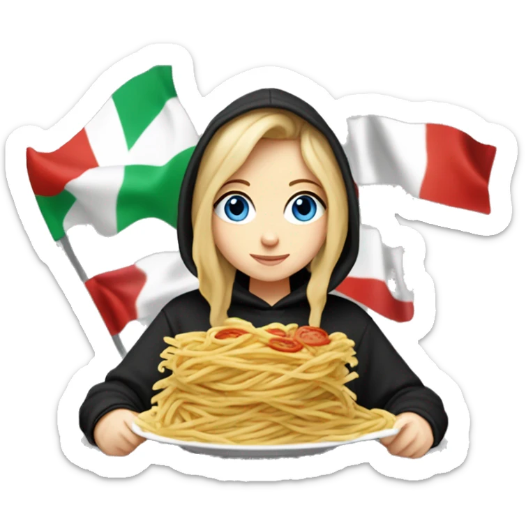 pale girl with blue eyes and pretty eyelashes and dirty blonde hair and freckles holding an italian flag while eating pasta and with a black hoodie on that says “morgan” on it sticker