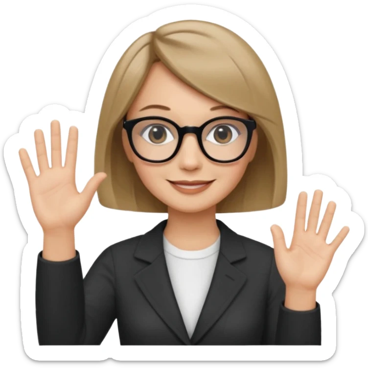 woman dark blonde petite bob haircut wears dark squarish glasses, classic clothes, smiling, waving, a tad older sticker