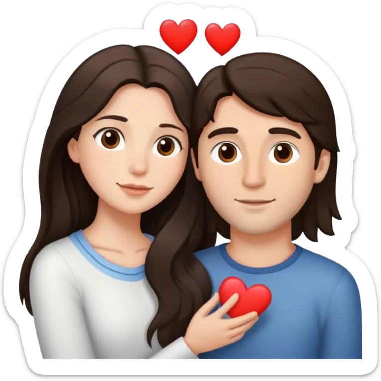 A couple embracing, man with light mestizo skin and straight dark brown hair, woman with fair skin and long slightly wavy dark brown hair, with white hearts around them sticker