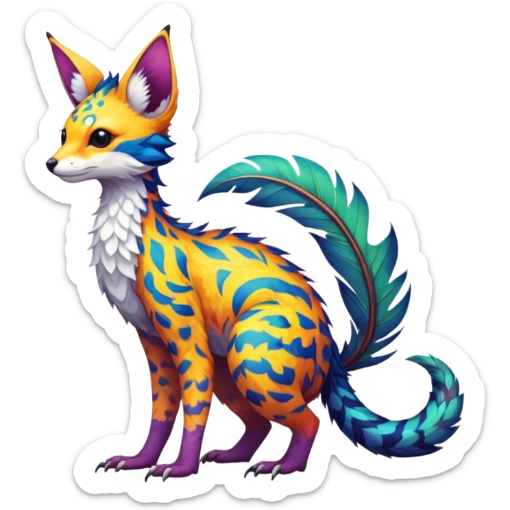 Feral Rare Fantasy vibrant colorful tropical Vernid-Trico-species by LiLaiRa, random markings, tufted tail, tufted ears, full body sticker