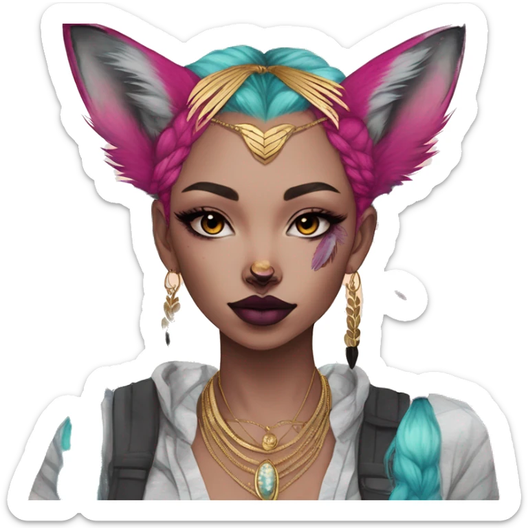 Pink magenta burgundy maroon cyan beige gray fox black stripes wearing gold jewellery gold piercings gold ear piercing gold nose piercing vintage watercolour tie dye black raven wings sticker