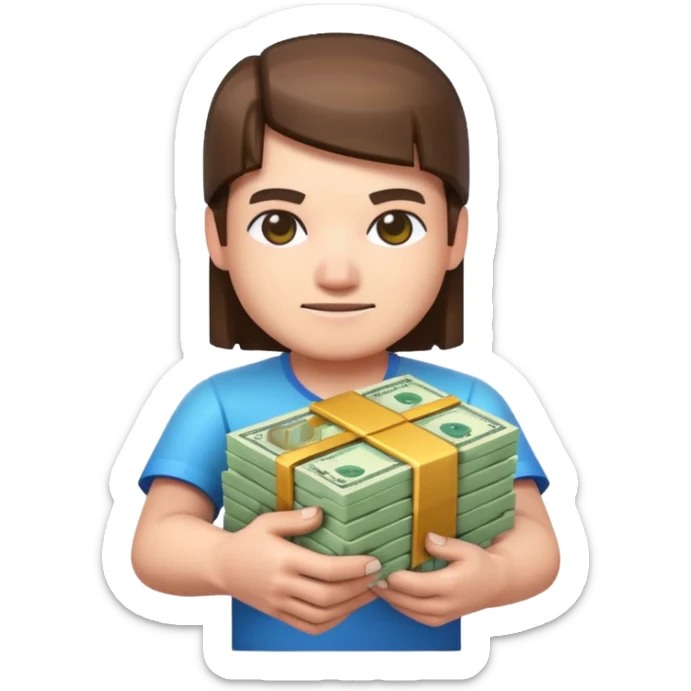 emoji style icon, minecraft blocky character holding a stack of money, pixel art style, bright colors, simple background, 3D glossy emoji, centered composition, soft shadow, high detail, clean outline, white background sticker