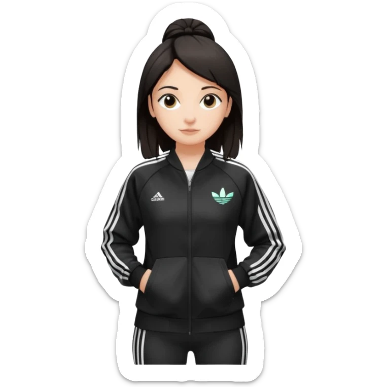 A girl with  medium-length, dark hair, fair skin. The style is a soft, layered cut that falls around her shoulders. wore black Adidas track jacket with white stripes on the sleeves. It has a full zipper down the front, a stand-up collar, and the Adidas logo on the right chest emoji sticker