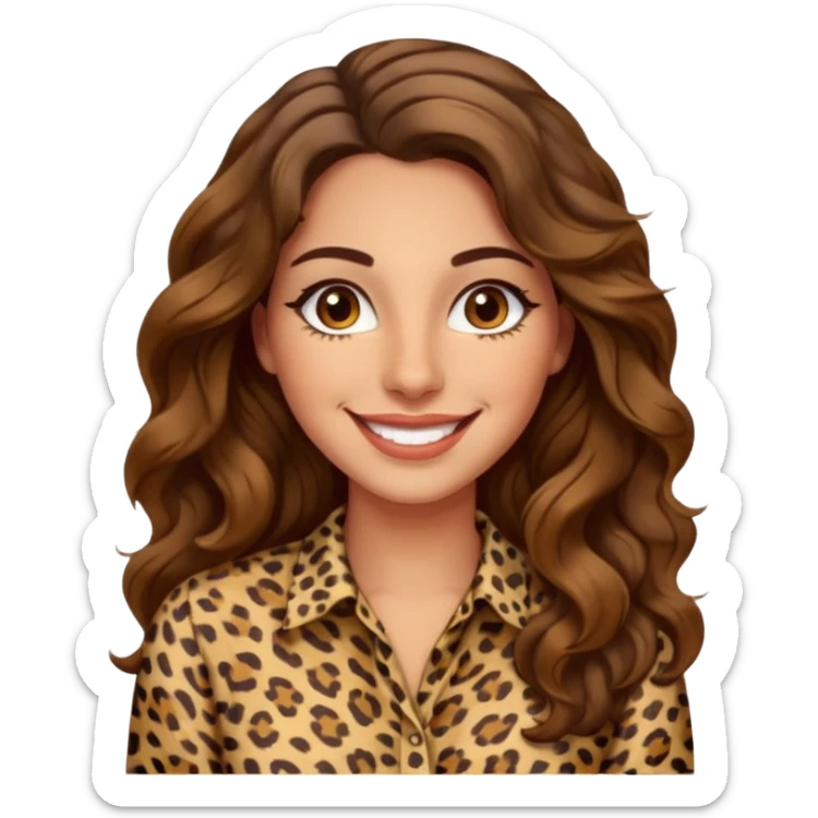 30 yr old italian woman, long brown wavy hair, big brown eyes, huge smile, leapord shirt, no bangs,  sticker