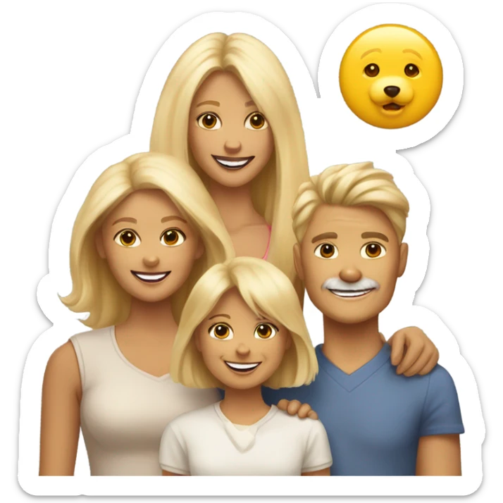 A family consisting of a smiling mother with blonde hair, a 20-year-old daughter, a fluffy beige Pomeranian dog and a yellow Pincher dog sticker