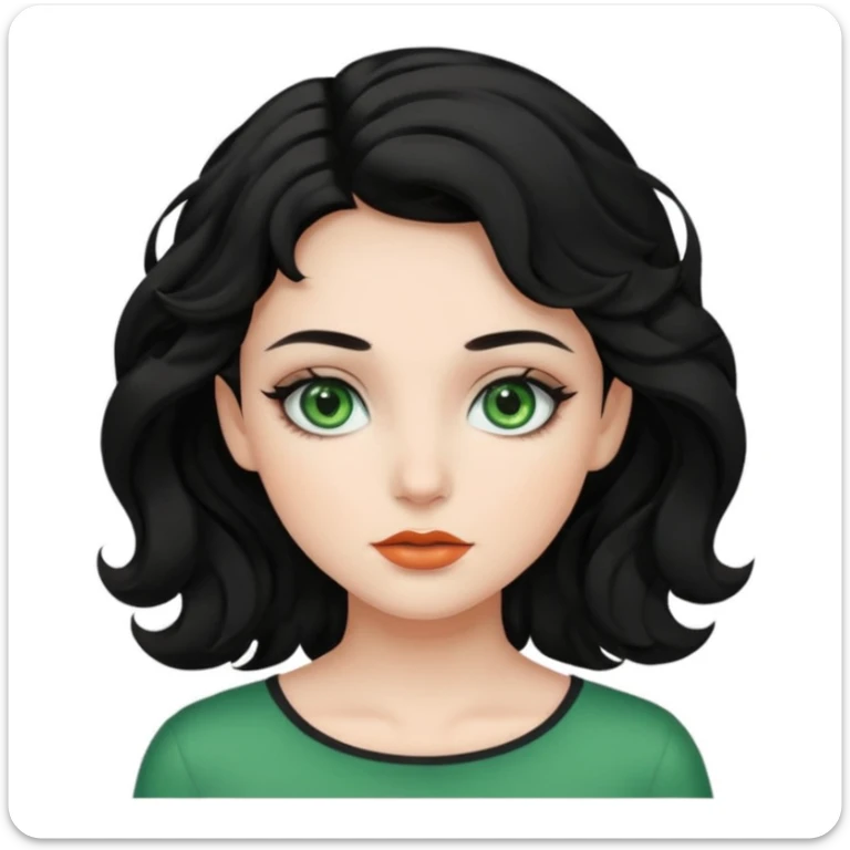 A girl with green eyes, black wavy hair with clean girl make up sticker