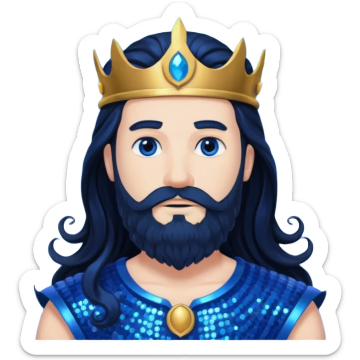 Neptune, King of the Sea from Gods and Goddesses with long black hair and beard, cobalt blue sequin outfit sticker