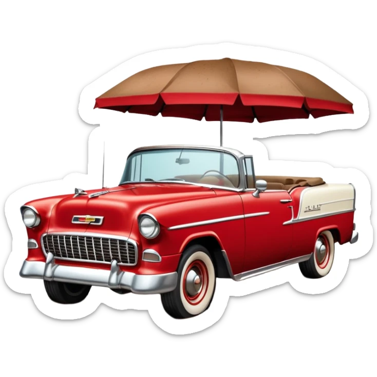 1955 Chevrolet Bel Air Convertible, Red-White color, with a bucket of brown mud pouring down on it, and the car itself is covered in brown mud on all sides, the doors, bumper, hood and wheels are covered in brown mud. 32x32 pixels, aspect ratio: 1:1 sticker