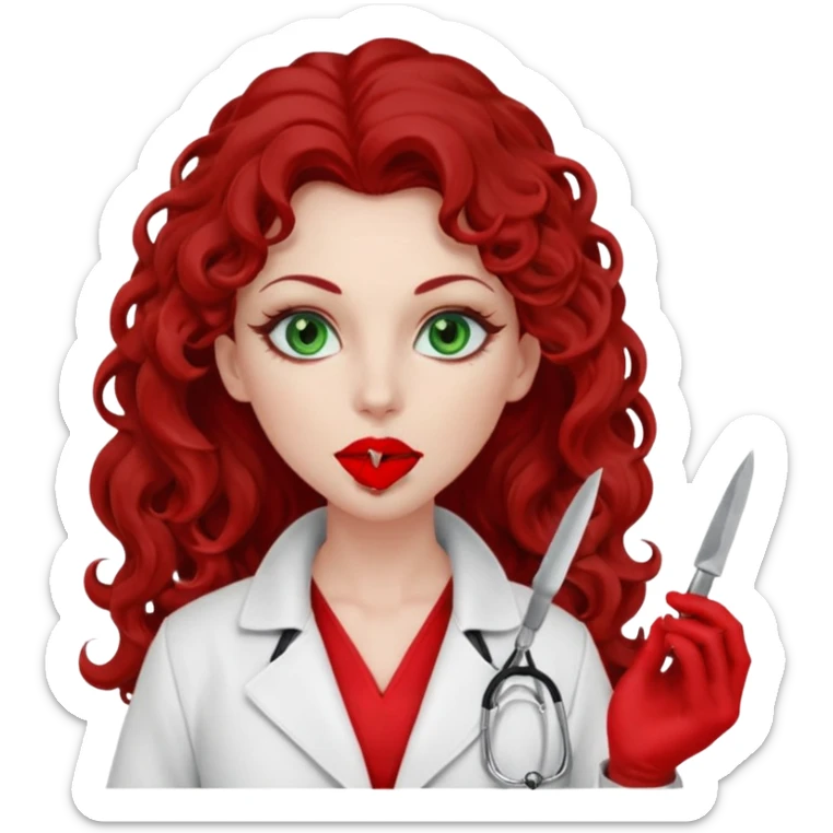 Lilith symbol sexy evil woman. She has green eyes.  had brown long curly hair.  evil surgeon kills with scalpel wears red sexy doctor coat with red mouth cover red gloves. Covers nose, neck  and mouth with red face berka sticker