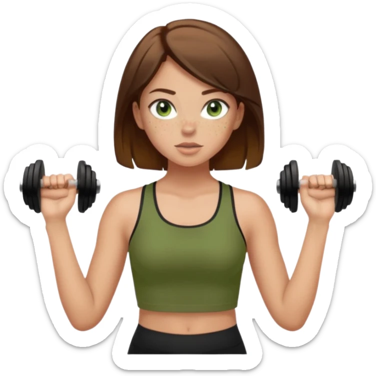 Girl with green eyes, brown hair that goes to her elbows, light skin, and freckles wearing an olive green crop top with black leggings working out, she has light gorgeous lashes sticker