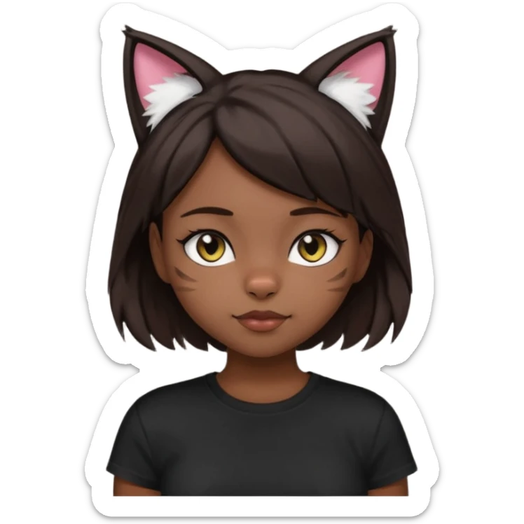 a girl with short dark brown hair with lots of dandruff , cat ears and a tail, with a black t-shirt on sticker