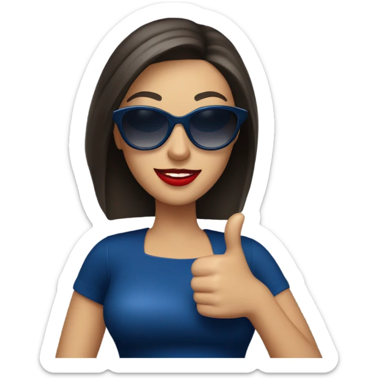 
brunette in dark blue sunglasses, with red lips and in a dark blue dress shows a thumbs up sticker