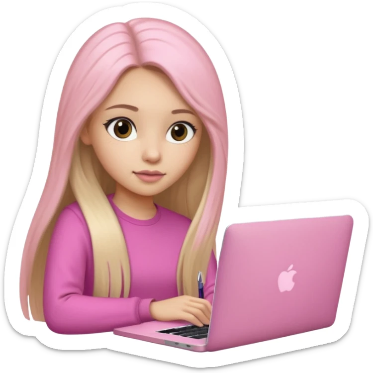 Chica lacia peli larga en una MacBook rosa investigando y haciendo tareas con un libro de apuntes y con cara muy linda como modelo sticker