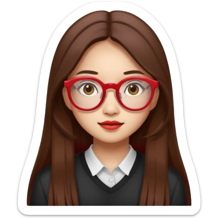 20 yr old asian woman, straight thick long brown hair, middle part, big red glasses, brown eyes sticker