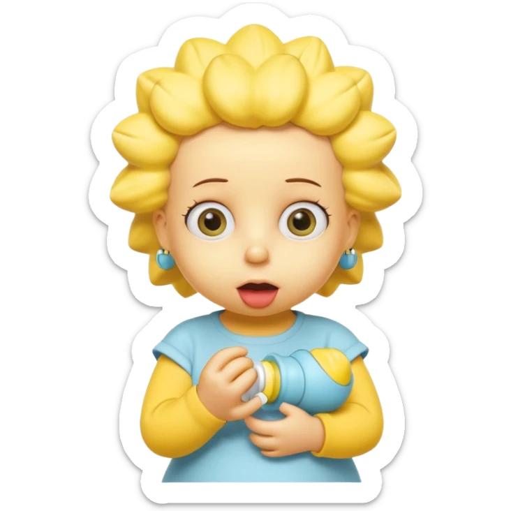 A 3D cartoon baby character fully yellow skin, styled like Maggie Simpson, with pacifier, big eyes, smooth shading, Memoji-style rendering, consistent with other yellow Simpsons characters. sticker